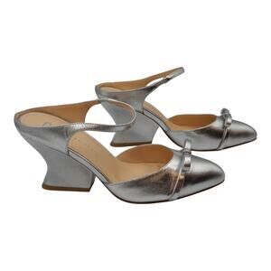 Dee Ocleppo Nappa Leather Pointed Toe Heeled Mules Pumps Metallic Silver Size 6